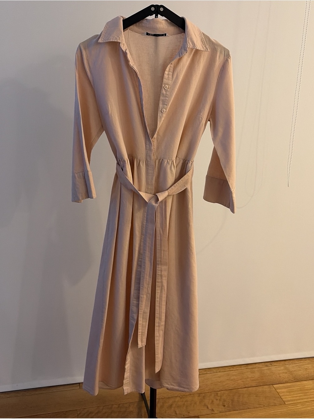 Zara Pastel Pink Shirt Midi Dress with Tie Belt